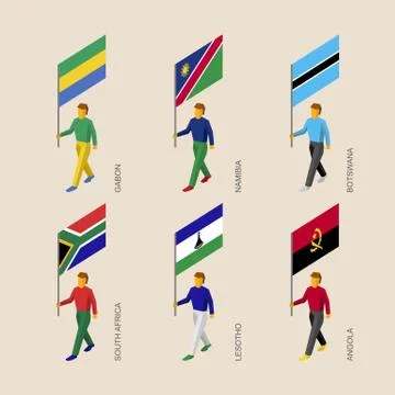 Isometric people with flags: Gabon, Namibia, Botswana, South Africa, Angola 스톡 일러스트