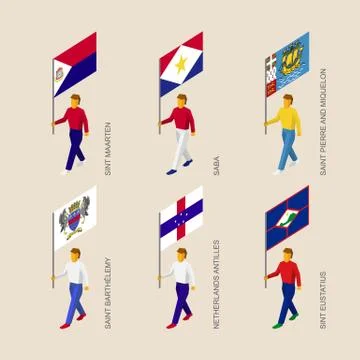 Isometric people with flags: Sint Maarten, Saba, Saint Pierre, Antilles Stock Illustration