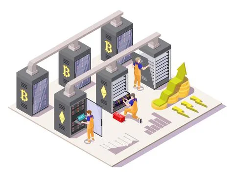 Isometric people install crypto mining farm in server room. Cryptocurrency Stock Illustration