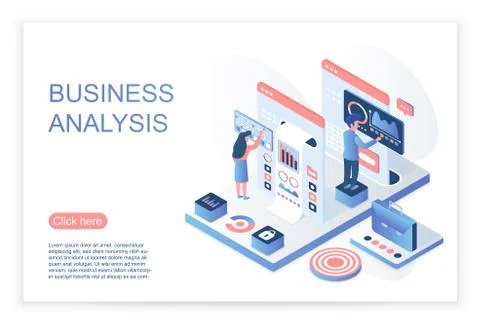 Isometric people interacting with virtual screen, analyzing business data and Illustrazione stock