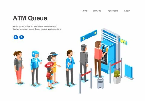 Isometric people queue in ATM machine, man, women and kid character queue up Illustrazione stock