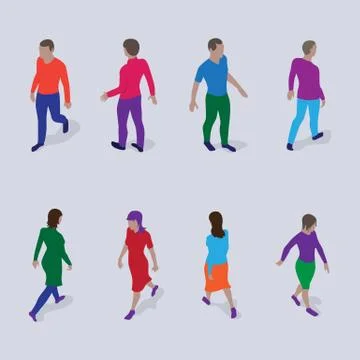 Isometric people set. Walking men and women in modern clothes Stock Illustration