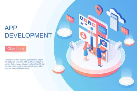 Isometric people standing on stage and developing digital app. Application Stock Illustration
