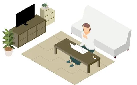 Isometric, people teleworking at the low table in the living room Stock Illustration