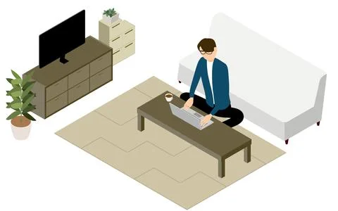Isometric, people teleworking at the low table in the living room Stock Illustration