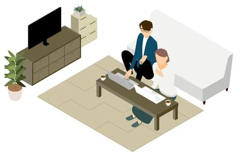 Isometric, people teleworking at the low table in the living room Stock Illustration
