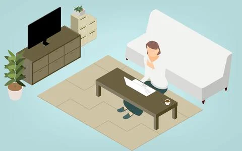 Isometric, people teleworking at the low table in the living room Stock Illustration