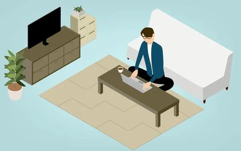Isometric, people teleworking at the low table in the living room Stock Illustration