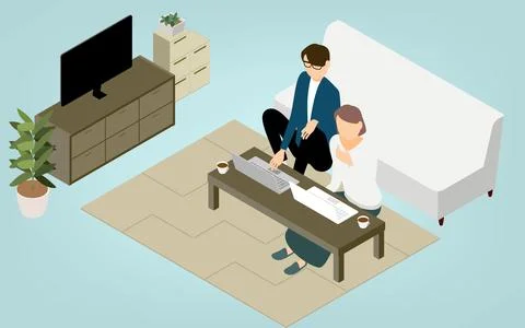 Isometric, people teleworking at the low table in the living room Stock Illustration