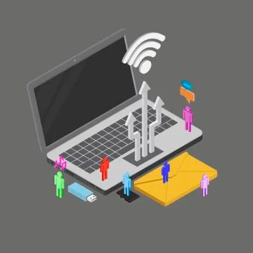 Isometric people using internet around, vector illustration. Stock Illustration