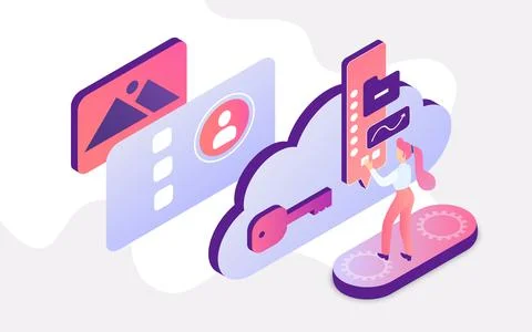 Isometric people work with cloud service, student or worker working with cloud Stockillustratie