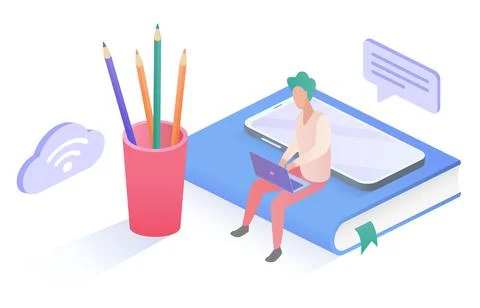 Isometric people work study online concept, man student or worker sitting with Stock Illustration