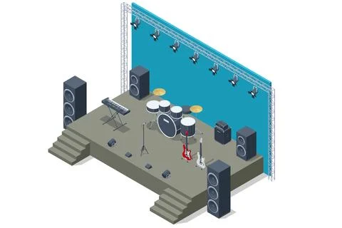 Isometric performance stage, Synthesizer analog sound, Drum kit with drums and Stock Illustration