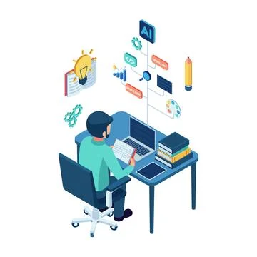 Isometric Person Learning at Desk with Skill Tree Illustrazione stock