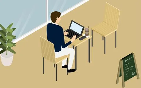 Isometric, a person working on a computer on the terrace of a wood-style cafe 스톡 일러스트