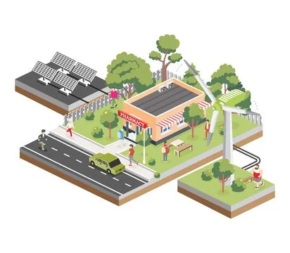 Isometric pharmacy store building with solar panels and wind turbine. Green.. Ilustración de archivo