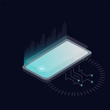 Isometric phone with illuminated techno notes Stock Illustration
