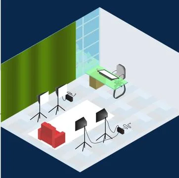 Isometric photo studio room interior with workplace, equipment, professional  Illustrazione stock