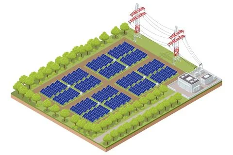 Isometric Photovoltaics, Solar modules, Efficiency, Inverter, Solar batteries Stock Illustration