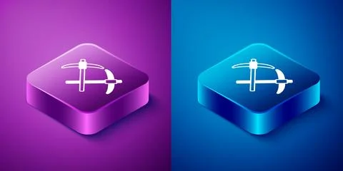 Isometric Pickaxe icon isolated on blue and purple background. Square butto.. Stock Illustration