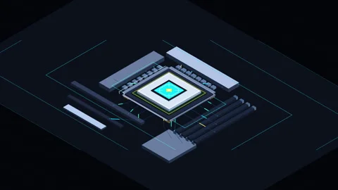 Isometric pixel art CPU microchip with circuit board data flow 스톡 동영상 347247566