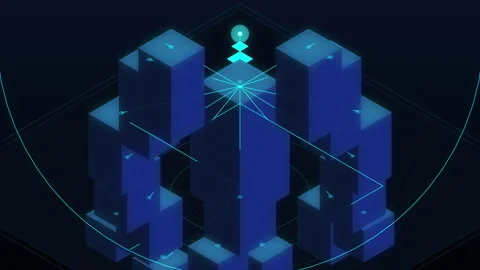 Isometric pixel art cyber structure and sci-fi server network loop Stock Footage 347208569
