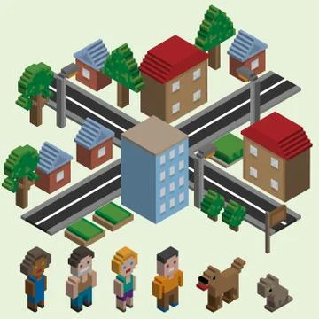 Isometric pixel city Stock Illustration