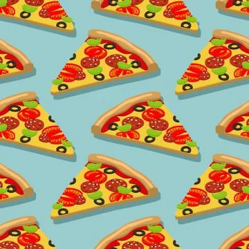 Isometric Pizza seamless pattern. Italian food texture. Delicious fresh slice Stock Illustration