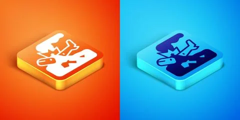 Isometric Plane crash icon isolated on orange and blue background.  Vector Stock Illustration