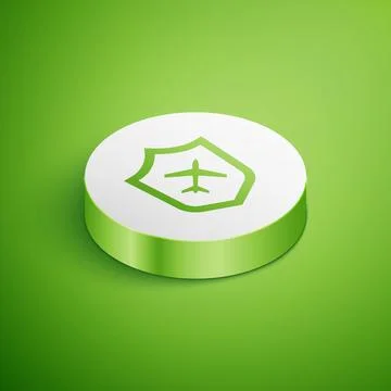 Isometric Plane with shield icon isolated on green background. Flying airpl.. Stock Illustration