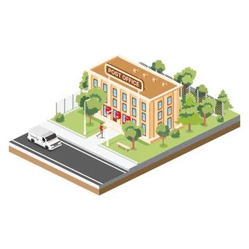 Isometric Post Office Building Isolated on White Background. Trees and Van... Illustration