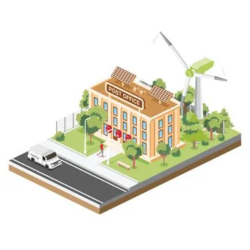 Isometric Post Office Building with Solar Panels and Wind Turbines Isolated.. Ilustración de archivo
