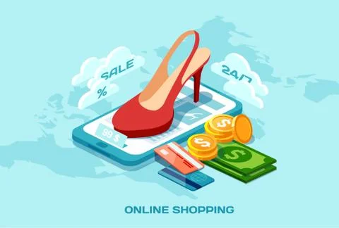 Isometric poster vector with red shoes credit card money and tablet computer Stock Illustration