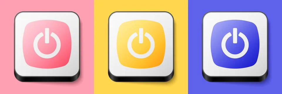 Isometric Power button icon isolated on pink, yellow and blue background. Start Stock Illustration