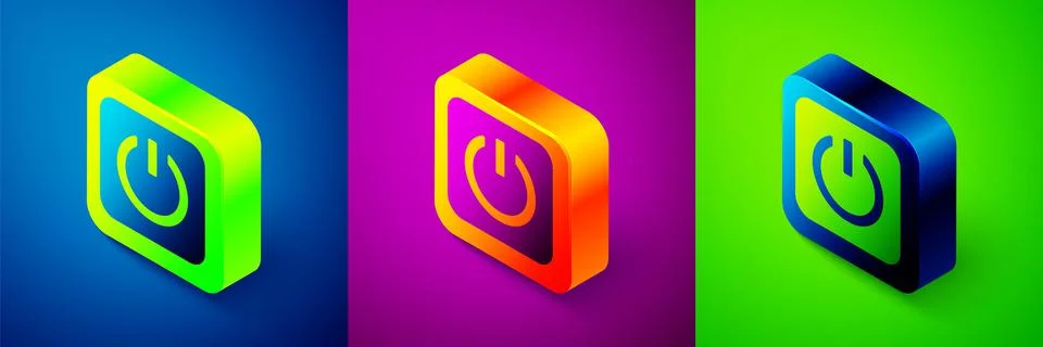 Isometric Power button icon isolated on blue, purple and green background. Start Stock Illustration
