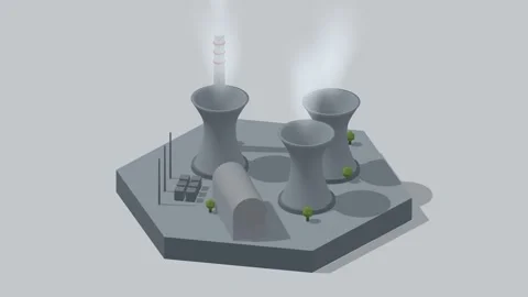 Isometric power station cooling towers rotating diorama seamless loop 库存影片 340077490