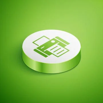 Isometric Printer icon isolated on green background. White circle button. Vec Stock Illustration