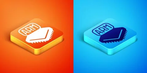 Isometric Processor icon isolated on orange and blue background. CPU, centr.. Stock Illustration