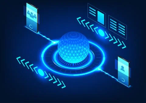 Isometric processor technology with smartphones communicating It conveys co.. 스톡 일러스트