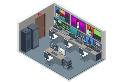 Isometric Profesional video studio. TV station, producer, broadcast control room Stock Illustration