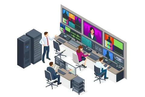 Isometric Profesional video studio. TV station, producer, broadcast control room Stock Illustration