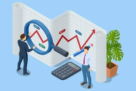 Isometric Professional analyzing financial data graphs, business analysis Illustrazione stock