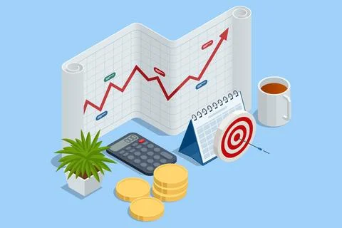 Isometric Professional analyzing financial data graphs, business analysis Illustrazione stock