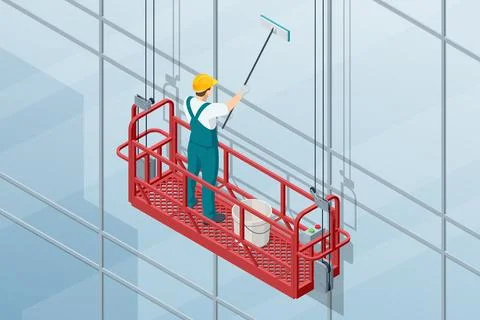 Isometric professional high rise window cleaning service workers in gondola Ilustración de archivo