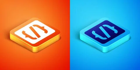 Isometric Programming language syntax icon isolated on orange and blue Stock Illustration
