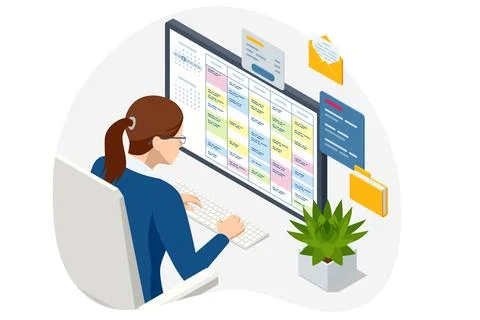 Isometric Project manager updating tasks and milestones progress planning Stock Illustration