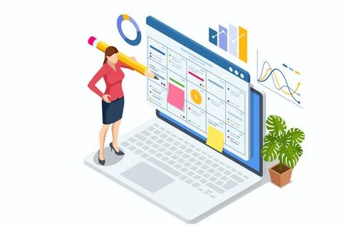 Isometric Project manager updating tasks and milestones progress planning Stock Illustration