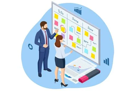 Isometric Project manager updating tasks and milestones progress planning Stock Illustration