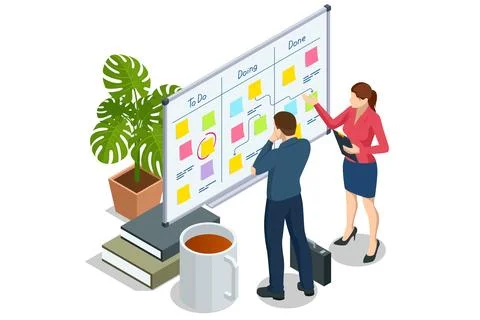 Isometric Project manager updating tasks and milestones progress planning Stock Illustration