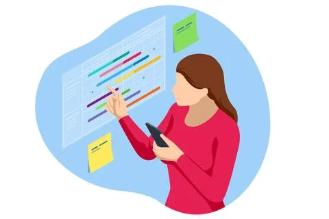Isometric Project manager updating tasks and milestones progress planning 스톡 일러스트